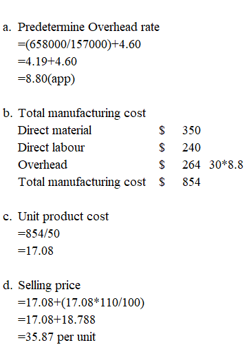 a. Predetermine Overhead rate =(658000/157000)+4.60 =4.19+4.60 =8.80(app) 350 b. Total manufacturing cost Direct material $ D