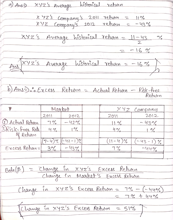 a) Ansa) Xyzs historical Average return xyzs companys 2011 return = Xyz Companys 2012 return Il yo – 43% Xyzs Average hi