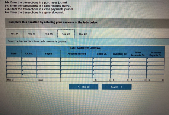 2-b. Enter the transactions in a purchases journal. 2-c. Enter the transactions in a cash receipts journal. 2-d. Enter the tr
