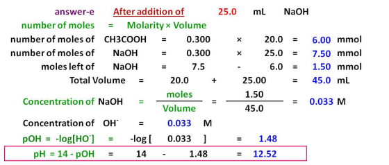 x x г answer-e After addition of 25.0 ml NaOH number of moles - Molarity Volume number of moles of CH3COOH = 0.300 20.0 = 6.0