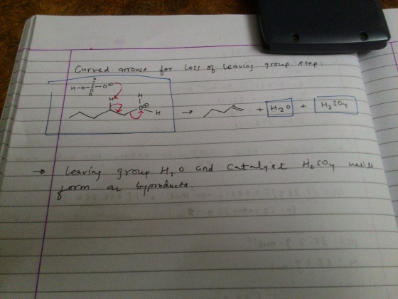 Curred arrowe for loss of leaving group step: H₂SOy +H2O H₂ Soy cataly at → neile Leaving group Ho and form av byproductt