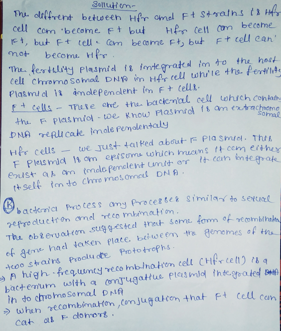 Sollution- clcombecome etbu HP Celt om become. E ,but Ft tell com bedome t but Ft cell can not become Hs Fcells Trieve ere the. bactenal cel which Cohtath Somal DNA eRui cate imale pemolentaly H fo, cells _ we.Just talked about ra Pla Shud, Th.M egrate ttSelf n to Chro mesomel DNA ef geme had taken Plate. bet tueem the gemomes oA te oo strains Proolu te Prototrophs ih to chroo moSomal DA t cell cn