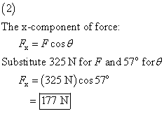 The x-component of force: Substitute 325 N for F and 57 for 8 F (325 N) cos 57°