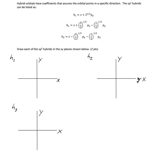 Hybrid orbitals have coefficients that assures the orbital points in a specific direction. The sp2 hybrids can be listed as 1