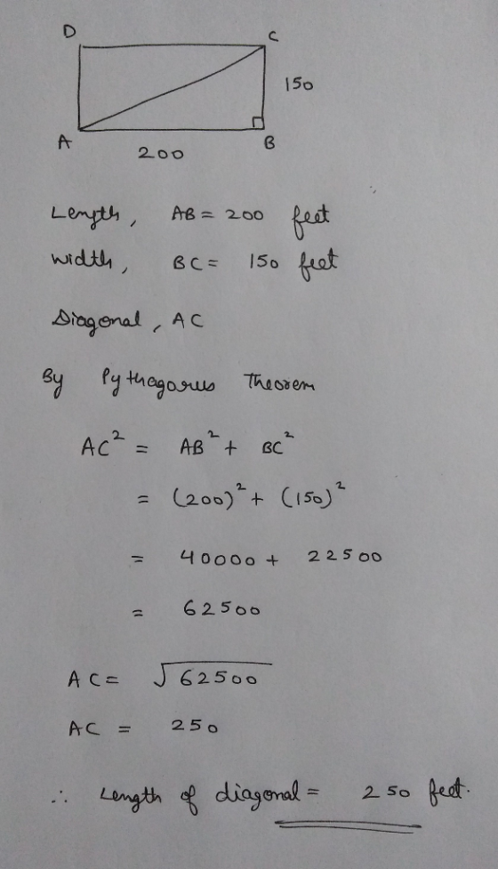 150 A 2o0 Lempth AB= 200 widt fat 150 BC= Stogenal AC By ty thagonus Theorem Ac= 2 AB t BC C155) 2 (200) + 2 25 o0 40000 + 62