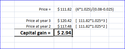 $111.82 (6*1.025)/(0.08-0.025) Price Price at year 3 Price at year 2 Capital gain $120.42 111.82*1.025A3 ] $117.48 [111.82*1.