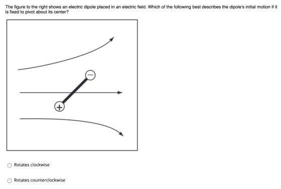 The figure to the right shows an electric dipole placed in an electric field. Which of the following best describes the dipol