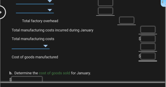 Total factory overhead Total manufacturing costs incurred during January Total manufacturing costs Cost of goods manufactured