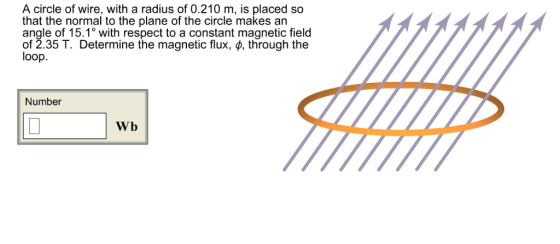 A circle of wire, with a radius of 0.210 m, is placed so that the normal to the plane of the circle makes an angle of 15.1 wi