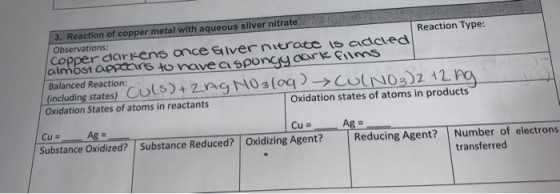 3. Reaction of copper metal with aqueous silver nitrate Observations: Reaction Type: Copper darkens once Giver nitrate is ado