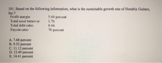 101. Based on the following information, what is the sustainable growth rate of Hendrix Guitars, Inc.? Profit margin Total asset turnover Total debt ratio Payout ratico 5.60 percent 1.76 0.66 70 percent A. 7.68 percent B. 9.52 percent C. 11.12 percent D. 13.49 percent E. 14.41 percent