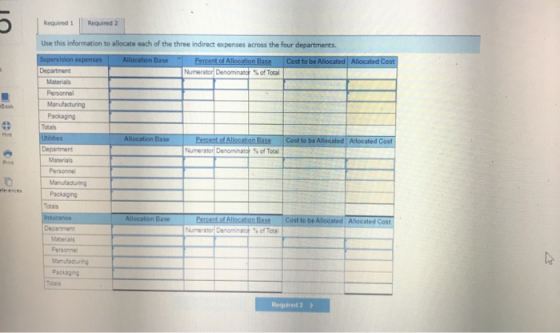 Required 1 Required 2 Book Use this information to allocate each of the three indirect expenses across the four departments.