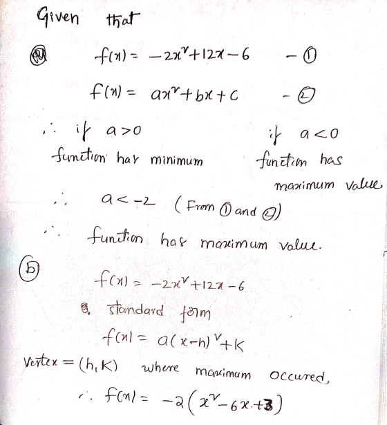Given that f(0) = – 24+122-6 - 0 f(n) = aurt brto ☺ if aso function har minimum if aço function has manimum value a<-2 (From
