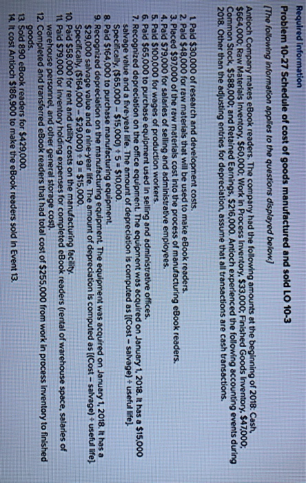 Required information Problem 10-27 Schedule of cost of goods manufactured and sold LO 10-3 The folowing information apples to the questions displayed below) Antioch Company makes eBook readers. The company had the following amounts at the beginning of 2018 Cash, $664,000 Raw Materials Inventory, $60,000: Work in Process Inventory, $33,000: Finished Goods Inventory, $47000 2018. Other than the adjusting entries for depreciation, assume that all transactions are cash transactions on Stock $588,000, and Retained Earnings, $216,000. Antioch experienced the following accounting events during 1 Pald $30,000 of research and development costs. 2. Pald $48,000 for raw materials that will be used to make eBook readers 3. Placed $97000 of the raw materials cost into the process of manufacturing eBook readers. 4. Paid $79,000 for salarles of selling and administratve employees. 5. Paid $100,000 for wages of production workers. Paid $65,000 to purchase equipment used in selling and administrative offices. 7. Recognized depreciation on the office equipment. The equipment was acquired on January 1, 2018. Iit has a $15,000 salvage value and a five-year life. The amount of depreciation is computed as [(Cost- salvage) + useful life) Specifically. ($65,000-$15,000) 5 $10000. 8. Paid $164,000 to purchase manufacturing equipment 9. Recognized depreciation on the manufa $29,000 salvage value and a nine-year life. The amount of depreciation is computed as [(Cost equipment The equipment was acquired on January 1, 2018. It has a salvage) + useful life) Specifically, ($164,000-$29,000 9 = $15,000. 10. Paid $58,000 for rent and utility costs on the manufacturing fac 1t Paid $79,000 for inventory holding expenses for completed eBook readers (rental of warehouse space, salaries of ility warehouse personnel, and other general storage cost). 12. Completed and transferred eBook readers that had total cost of $255,000 from work in process inventory to finished goods 13 Sold 890 eBook readers for $429,000. 14. It cost Antioch $186,900 to make the eBook readers sold in Event 13.