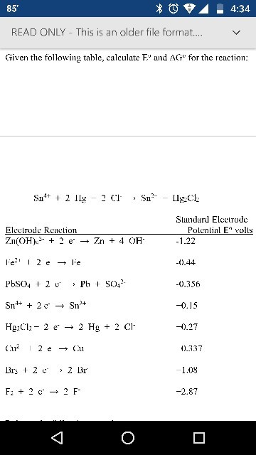 85 READ ONLY This is an older file format.... Ciiven the followins table, calculate F and AT for the reaction: Slandarl Elcclrodc olls 1.22 -1).44 0.356 -0.15 -0.27 り.337 1.08 -2.87