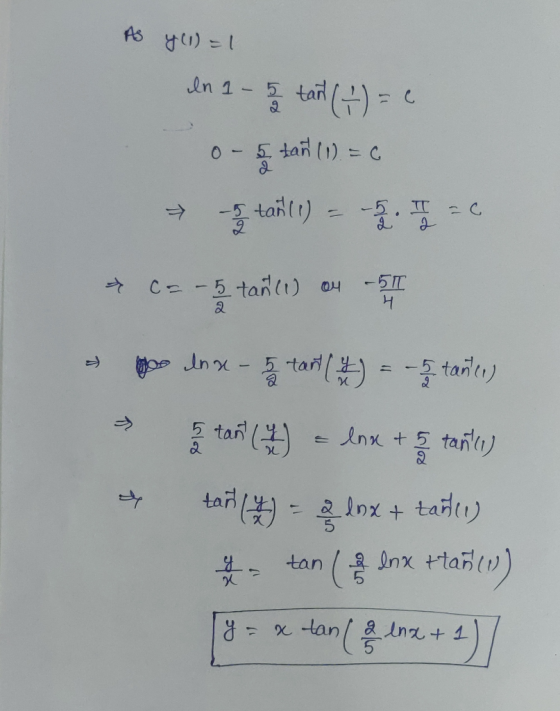 As y (1) =1 In 1 - 5 tan tant (t) = - 5 tan (1) = 6 stan (1) = 52 I - C 2 a C = – 5 tanel) ou -51 버 2 1 o ina- 5 tart ( 4 ) =