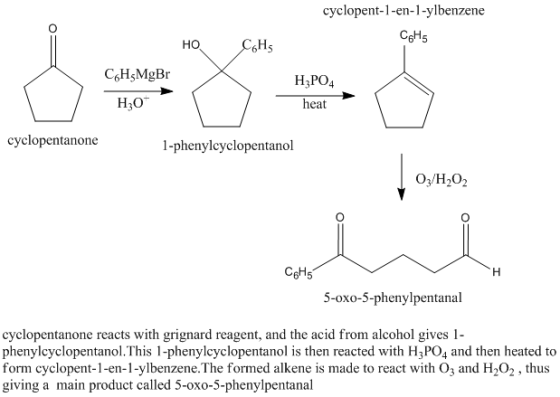 cyclopent-1-en-1-ylbenzene CGH5 но 6Hs CoHsMgBr H3PO4 heat H30 cyclopentanone 1-phenylcyclopentanol O3/H202 CeH5 5-oxo-5-phen
