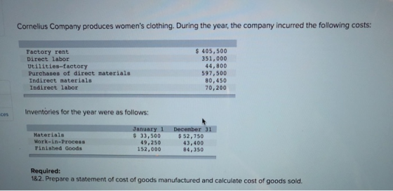 Cornelius Company produces womens clothing. During the year, the company incurred the following costs: $ 405,500 351,000 Fac