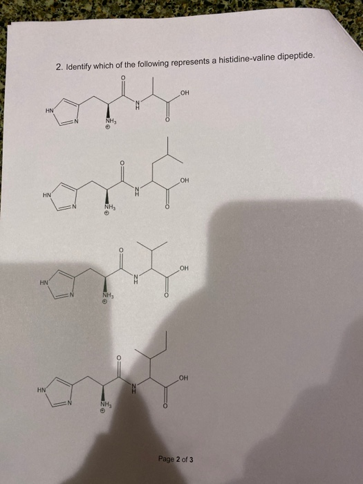 2. Identify which of the following represents a histidine-valine dipeptide. Page 2 of 3