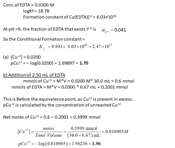 Conc.of EDTA = 0.0300 M logKf 18.78 Formation constant of Cu (EDTA)]2 = 6.03x1018 At pH -9, the fraction of EDTA that exists