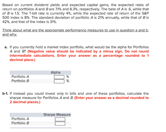 Based on current dividend yields and expected capital gains, the expected rates of return on portfolios A and B are 7.1% and
