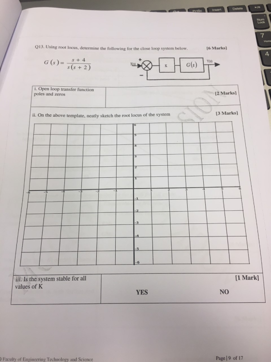 PrtSc Insert Delete Num Lock 7 Hon Q13. Using root locus, determine the following for the close loop system below. [6 Marks)