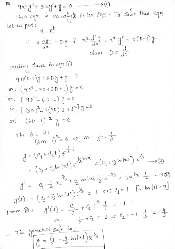 yo This can let no put; 922y+ 3ay+ y = 0 Cauchyß futen far. To solve this eqn x=et dy da Dy f x 2 d y = x ²9 = D(D-1) y wh