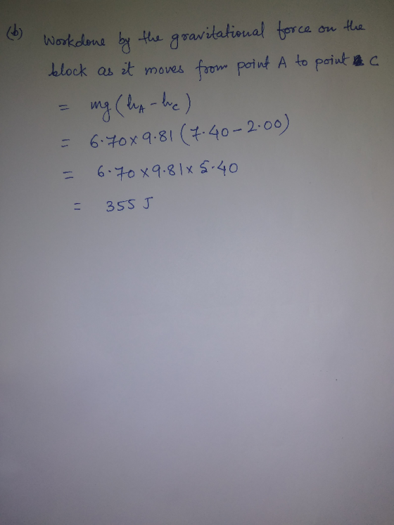 Work done by the gravitational force on the block as it moves from point A to point hac = ing (ha-be) = 6.70x9.81 (7.40-2.00)