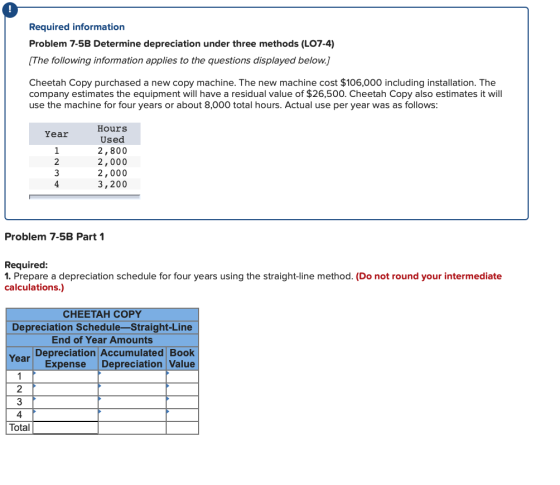 Required information Problem 7-5B Determine depreciation under three methods (L07-4) [The following information applies to th