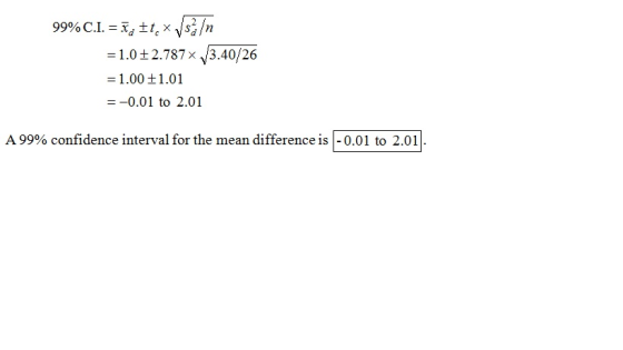 99% C.I. = X ±t, x sa/n =1.0±2.787x/3.40/26 =1.00 ±1.01 = -0.01 to 2.01 A 99% confidence interval for the mean difference is