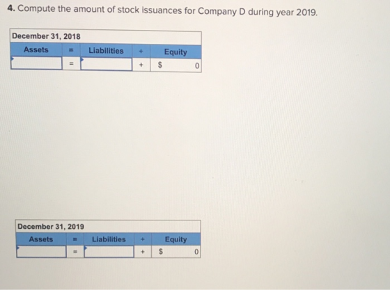 4. Compute the amount of stock issuances for Company D during year 2019. December 31, 2018 Assets = Liabilities + + Equity $