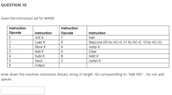 QUESTION 10 Given the instruction set for MARIE: Instruction Opcode Instruction Opcode Instruction JnSX Load X Store X Add X