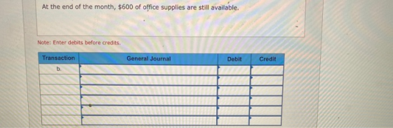 At the end of the month, $600 of office supplies are still available. Note: Enter debits before credits. Transaction General