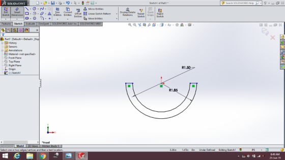 S SOLIDWORKS Sketch1 of Part1 Search SOLIDWORKS Help ?- X A Mirror Entities Ouick Exit Trim -AEntuties Entities Conver Displa