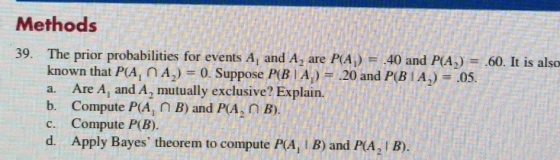 Methods 39. The prior probabilities for events A, and 4 are PA) 40 and PIA) -60. It is also known that P(A, A 0. Suppose PBIA