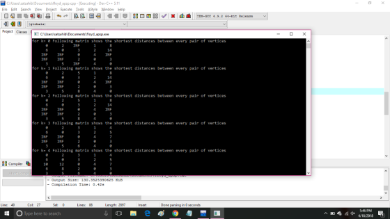 CAUsers satsahib Documents\floyd apsp.cpp [Executing] - Dev-C++5.11 Eile Edit Search Yew Project Execute Tools 스Style Window