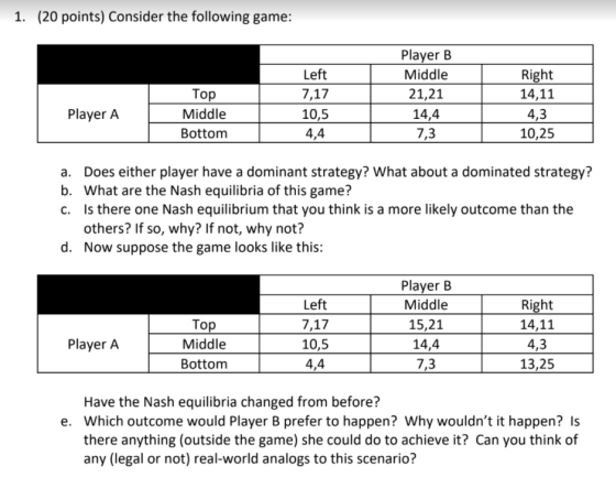 1. (20 points) Consider the following game: Left 7,17 10,5 4,4 Top Middle Bottom Player B Middle 21,21 14,4 7,3 Right 14,11 4