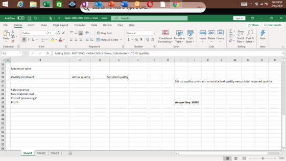 P w 10:19 PM 2/14/2020 TU.. Search the Web or type S B Sign in 7 - 0 X AutoSave Of H File Home : Sp20-3560-ETO6-Ch04-2-Shell