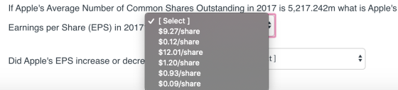 If Apples Average Number of Common Shares Outstanding in 2017 is 5,217.242m what is Apples [Select] Earnings per Share (EPS