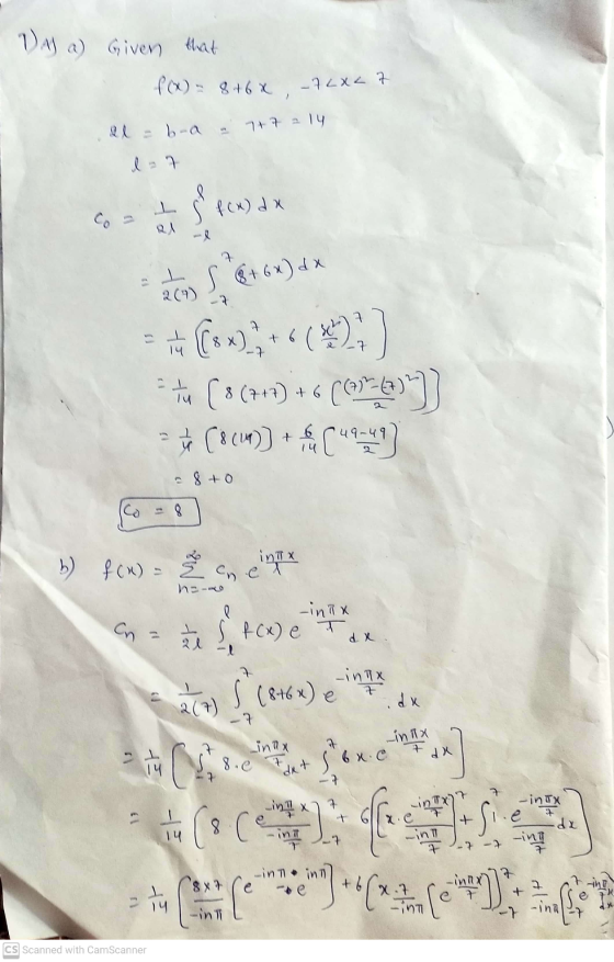 1A) a) Given that f(x) = 8 + 6 x -7LX 4 7 b-a 7+ 7 = 14 f(x) dx Co 21 ating S8+6x) dx 2 8 X + le 7 14 8 (7+7) + 6 (674)}] y