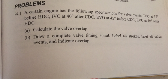 gases? PROBLEMS has the following specifications for valve events: IVO at 12 P4.1 A certain engine followi p hefore HDC, IVC at 40° after CDC, EVO at 459 before CDC, EVC at 10 afer HDC. (a) Calculate the valve overlap. (b) Draw a complete valve timing spiral. Label all strokes, label all valve events, and indicate overlap.