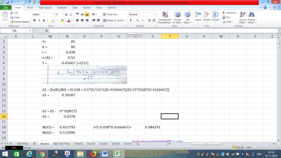 DERIVATIVES BINOMIAL - Microsoft Excel (Product Activation Failed) View Add-Ins - 2x Σ AutoSum : A Dr General Fill Wrap Text