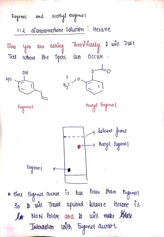 Eugenol and acetyl eugenol 1:2 dichloromethane solution : Hexane Since you are asking Theortically i will just Tell where the