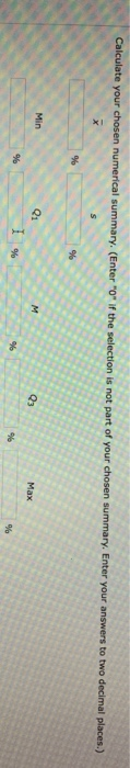 summary. (Enter o if the selection is not part of your chosen summary. Enter your answers to two Calculate your chosen nu Min Q1 03 Max