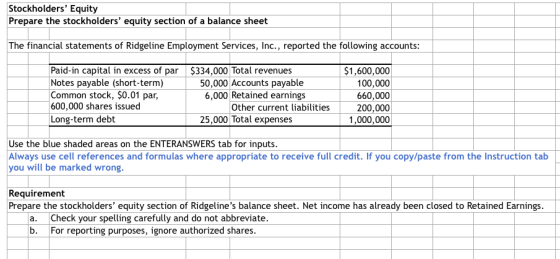 Stockholders Equity Prepare the stockholders equity section of a balance sheet The financial statements of Ridgeline Employ