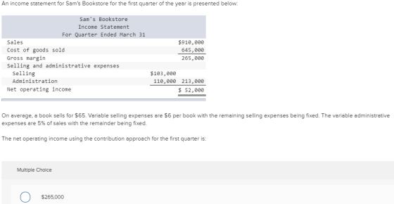 An income statement for Sams Bookstore for the first quarter of the year is presented below: Sams Bookstore Income Statemen