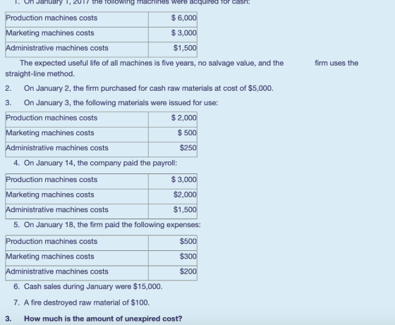 1. On January 1, 2017 the following machines were acquired for cash: Production machines costs Marketing machines costs $ 6,0