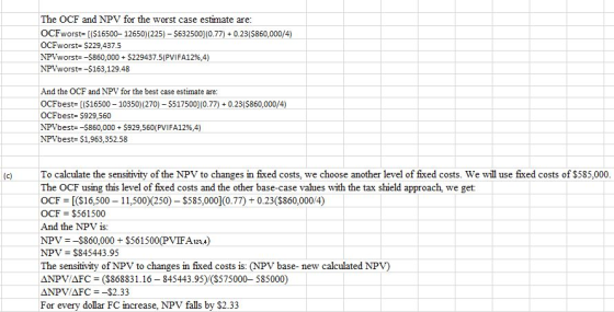 The OCF and NPV for the worst case estimate are: OCFworst=[($16500- 12650)(225) - $632500](0.77) + 0.23($860,000/4) OCFworst