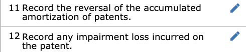 11 Record the reversal of the accumulated amortization of patents. 12 Record any impairment loss incurred on the patent.