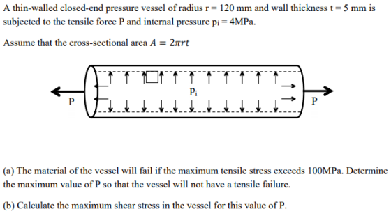 A thin-walled closed-end pressure vessel of radius r= 120 mm and wall thickness t= 5 mm is subjected to the tensile force P a